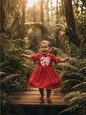Red color Baby Dress 80(12 Months)puffy sleeves polyester spandex pink heart